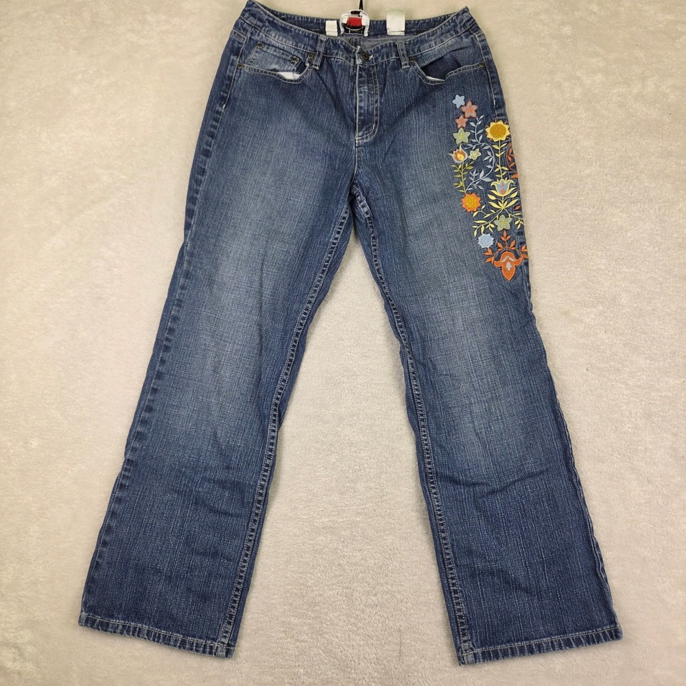 Talbots Womens 10 Blue Floral Embroidered Straight Leg Jeans Medium Wash Denim